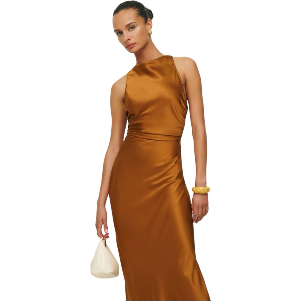 Reformation Glossy Copper-Brown Satin Midi Dress - Picture 5 of 11